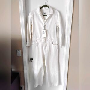 Zara White Long-Sleeve Cotton Jumpsuit